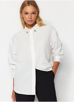 Buy Ecru Collar Stone Detailed Oversize Woven Shirt TWOAW24GO00168 in Egypt