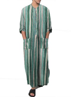 Buy Men's Traditional Dresses Long Sleeve Striped Henley Shirts Kaftan Muslim Long Gown Thobe Robe for Men Striped Green in UAE