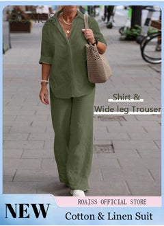 Buy Ladies Comfortable Cotton Linen 2 Piece Suit for Daily Commute - Shirt and Wide Leg Pants Set with Simple Loose Fit Design for Leisure in UAE