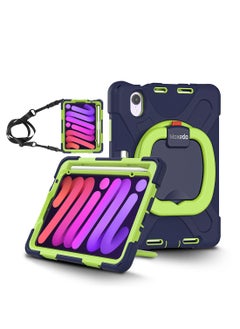 اشتري Moxedo Heavy Duty Shockproof Rugged Protective Colorful Case with 360 Rotating Kickstand, Shoulder Strap, and  Pen Holder for Kids Compatible for Apple iPad Mini 6 - Navy Blue/Lime في الامارات