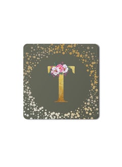 Buy Designer Leather Coasters Mat for Beverage Drinks- Custom Monogram Initial Letter Floral Pattern Alphabet - T (Olive Green) in UAE