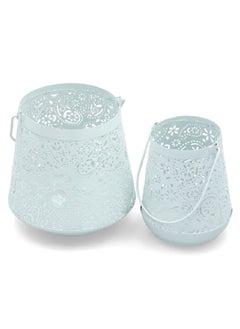 Buy 2-Piece Decorative Metal Elegant Candle Holder Set Light Blue 17 x 17.5 x 17.5 cm 01-200B0915-99 in Saudi Arabia