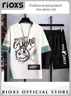 Buy Men's Two Piece Outfits Graffiti Print Tops and Drawstring Waist Shorts Fashionable Casual Short Sleeve T-shirt and Shorts Set in UAE