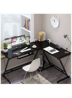 اشتري مكتب ألعاب على شكل حرف L، مكتب ألعاب الكمبيوتر الشخصي، طاولة مكتب زاوية لمحطة عمل الكتابة القوية للمكتب المنزلي (أسود) في الامارات