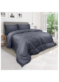 اشتري Down Alternative Comforter  Set -Ultra Soft Brushed Stripe Microfiber Fabric, 200GSM Soft Fibersheet Filling, Size : King  240 x 260cm , Color: Dark Grey في الامارات