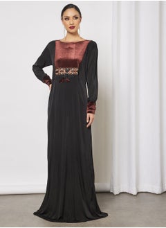 Buy Jersey Abaya With Contrasting Panel And Front Embroidery in Saudi Arabia