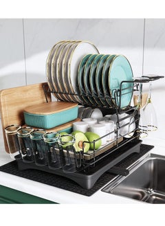 اشتري Large Dish Drying Rack Drainboard Set, 2 Tier Stainless Steel Dish Racks with Drainage, Wine Glass Holder, Utensil Holder and Extra Drying Mat, Dish Drainers for Kitchen Counter (Black) في السعودية