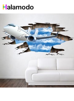 اشتري ورق حائط مزخرف قابل للإزالة مصنوع من مادة PVC مطبوعة على شكل طائرة تخترق الجدار في السماء الزرقاء والسحب البيضاء في السعودية
