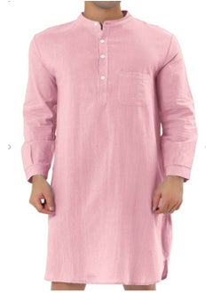 اشتري Men's Muslim Stand Collar Robe Thobe Solid Color Long Sleeve Kaftan Casual Shirt Pink في السعودية