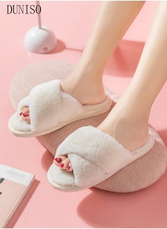 Buy Women's Fuzzy Slippers with Two Cross Band Comfy Plush House Slippers for Indoor Outdoor Fluffy Open Toe Warm Breathable Anti-skid Sole Gift Slippers for Women and Girls in Saudi Arabia