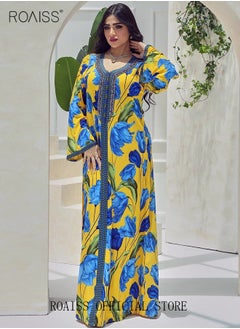 Buy Ramadan Women Muslim Dress V-Collor Embroidery Evening Party Gown Bell Sleeve Long Dresses Party Robe Women Floral Embroidery Islamic Dresses in UAE