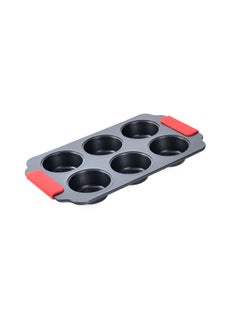 Buy 6-Piece Carbon Steel Muffin Pan With Soft Touch Silicone Grip Black/Red 30x18x3cm in Saudi Arabia