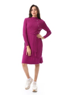 Buy High Neck Decorative Buttons Ribbed Dress _ Magenta in Egypt