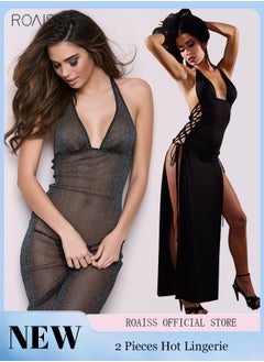 Buy 2-Piece Women's Silvery Translucent Halter Dress + Hollowed-Out Lace Halter Split Dress in UAE