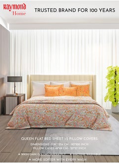 Buy Raymond Home Queen Flat Sheet Bedsheet 200 Thread Count Luxurious Mercerized 100% Cotton Bedding Printed Pre Shrunk Percale Finish Skin Safe Bed Linen and 2 Pillow Case - Orange (229 * 254 CM) in Saudi Arabia