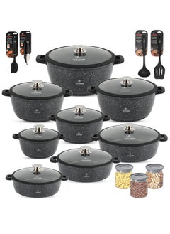 Buy Cookware Set - 42 Pieces Pots and Pans set Granite Non Stick Coating 100% PFOA FREE, Induction Base Cooking Set with Removable Silicone Handles - Oven Safe (Black) in UAE