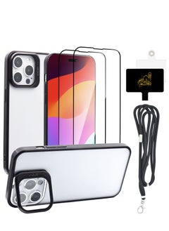 اشتري 4 in 1 for iPhone 15 Pro Case with Camera Ring Stand 2 x Tempered Glass Screen Protector and 1 x Universal Cell Phone Lanyard with Adjustable Nylon Neck Strap Magnetic Phone Cover في السعودية