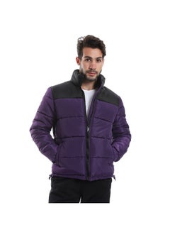 Buy Quilted Pattern Long Sleeves Puffer Jacket - Black & Purple in Egypt