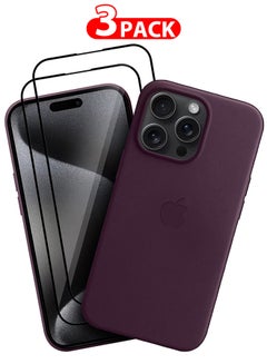 Buy 3 Packs For iPhone 15 Pro Leather Case and 2 Screen Protectors Compatible with Magsafe Anti-Scratch Leather Case Shockproof Drop Proof Protective Slim Case Purple in UAE