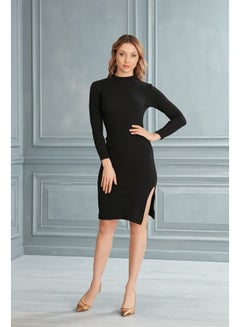 Buy Black Fitted Crew Neck Mini Ribbed Flexible Knit Dress with a Slit TWOAW21EL0135. in Egypt