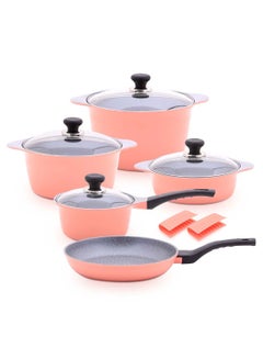 Buy 10-Piece Dura Non-Stick Cookware Set Includes 1xSaucepan With Glass Lid 18x10.5cm, 1xLow Pot With Glass Lid 22x7.8cm, 1xPot With Glass Lid 24x12cm, 1xStock Pot With Glass Lid 26x17cm, 1xFry Pan 28x5.6cm, 2xSilicone Handle in UAE