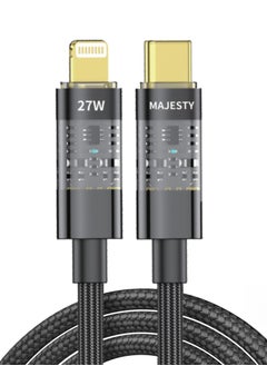 اشتري Majesty 27W Lightning Charging Cable For Iphone with PD 3.1 Fast Charging Technology, Designed to Ensure Fast Charging, Safe and Efficient Data Transfer, 1.8m Black  Transparent Connector في السعودية