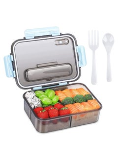 اشتري Bento Lunch Box - 3 Compartment Lunch Containers for Adults and Kids,Food Grade Plastic Lunch Box with Spoon & Fork Blue في الامارات