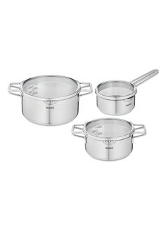 اشتري Tefal H852S3 Induction Pot Set 6 Pieces Stainless Steel Saucepan 16cm Cooking Pots 20 and 24cm + Lid Cooking Pot With Patented Double Handle For Practical Pouring Pot Suitable For Induction Cookers في الامارات