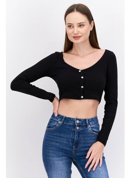 Buy Women V-Neck Long Sleeve Solid Crop Top, Black in UAE