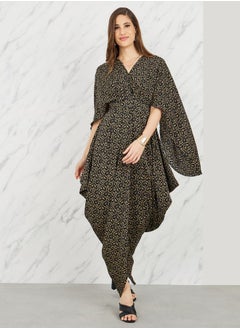 Buy All Over Print Pleated Asymmetric Hem Cape Sleeves Maxi Dress in Saudi Arabia