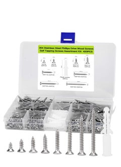 اشتري M3 Flat Head Wood Screws Assortment Fasteners Kit, 400 Pieces Phillips Drive Countersunk Head Self-Tapping Screws,304 Stainless Steel,Contains 20pcs M6 Screw Anchors for Hollow Wall Hanging or Blinds في السعودية