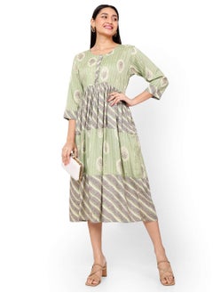 Buy FRONT STYLED BUTTONED SOFT VISCOSE GREEN COLOUR SHORT PRINTED CASUAL ARABIC KAFTAN JALABIYA DRESS in Saudi Arabia