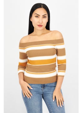 Buy Women Off Shoulder Elbow Sleeve Stripe Top, Brown Combo in UAE