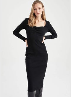 Buy Woman Bodycon Dress Square Neck Long Sleeve Knitted Dress in UAE