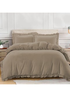 Buy BedDecor Ruffled Trim Duvet Set Super-Soft Breathable Zipper and Corner Ties with 2 Matching Pillow Sham 600TC Khaki in Saudi Arabia