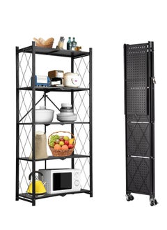 اشتري 5 Tier Thickened Foldable Storage Rack with Wheels,No Assembly,Large Capacity Shelves,Heavy-Duty Metal Shelving Unit Rolling Cart for Garage, Kitchen, Basement, Pantry(Black, 5-Tier) في الامارات