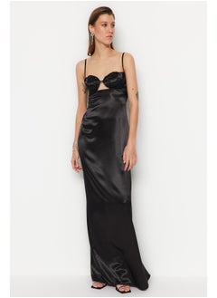 Buy Black Woven Window/Cut Out Detailed Satin Long Evening Evening Dress TPRSS23AE00036 in Egypt