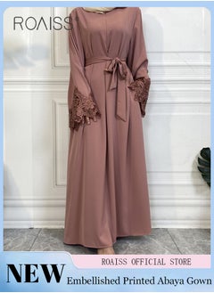 Buy Abaya Style Robe with Solid Color Design Cuffs Lace Elements Belt Waist Design Women Daily Casual All Match Long Skirt Commuter Long Skirt in Saudi Arabia