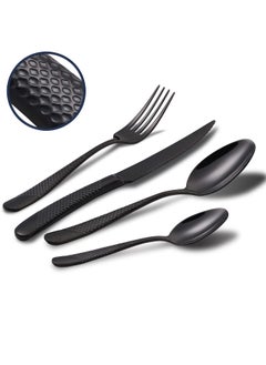 اشتري Hammered Silverware Set, 4 Piece Modern Black 18 Or 10 Stainless Steel Flatware Set With Forks Spoons And Knives, Unique Metal Cutlery Sets For Home Restaurant, Mirror Polished And Dishwasher Safe في السعودية