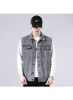 Buy Mens Vintage Denim Vest Casual Autumn Sleeveless Jacket Grey in UAE