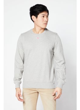 Buy Men Crew Neck Long Sleeve Embroidered Logo Sweatshirt, Heather Grey in UAE