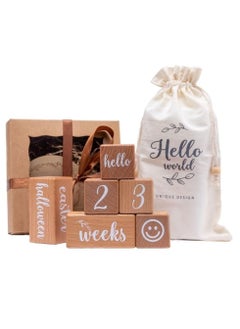 Buy Baby Milestone Blocks, Natural Pine Wood 6 Block Milestones Age Set with Weeks Months Years Grade and Holidays, Newborn Milestone Sign Baby Gift Sets First Year Picture Props with Bag in Saudi Arabia