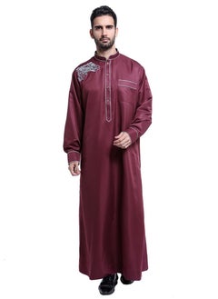 Buy Mens Clothing Casual Full Length Embroidery Abaya Robe Islamic Arabic Long Sleeve Kaftan Wine Red in Saudi Arabia