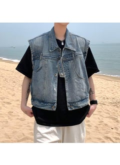 Buy 2023 Korean Style Washed Old Denim Vest Mens Shoulder Pad Sleeveless Short Jacket Laps Fashionable Brand Vintage Loose BreakBlue Blue in UAE