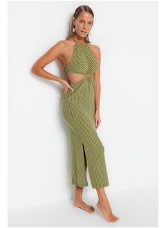 Buy Green Striped Maxi Knitted Accessories Knitwear Look Beach Dress TBESS23EL00066 in Egypt