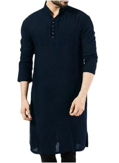 اشتري Men's Muslim Robe Thobe Solid Color Stand Collar Long Sleeve Kaftan Navy Blue في السعودية