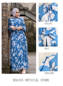 Buy Women's Middle East Stand-up Collar Tie Long Sleeve Printed Dress With Belt Long Version Blue With White Flower Pattern in UAE