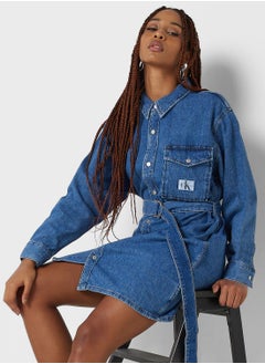 Buy Belted Pocket Detail Denim Dress in Saudi Arabia