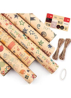 Buy Gift Wrapping Paper Roll 6Pack, with Matching Gift Tags and Decorative Rope, Kraft Brown Recycled Gift Wrapping Paper for Birthday, Holiday, Wedding, Party, Kids Gift Wrapping (Size 70cmX50cm) in Saudi Arabia