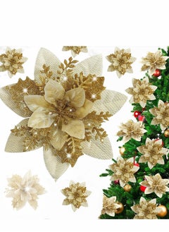 Buy Glitter Poinsettia Flowers Artificial, 12 Pcs Gold Decorations Tree Ornaments for Holiday/Seasonal/Wedding Party Wreath DIY Decors in UAE